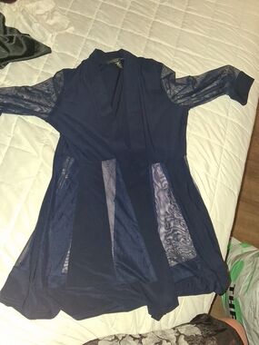 Navy Blue Mesh Panel Women's Lounge Robe
